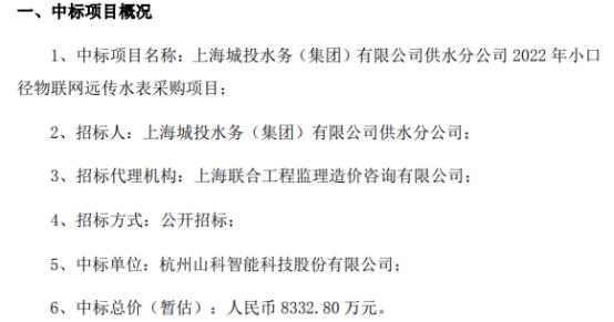 678体育官网页版山科智能中标2022年小口径物联网远传水表采购项目 中标总价（(图1)