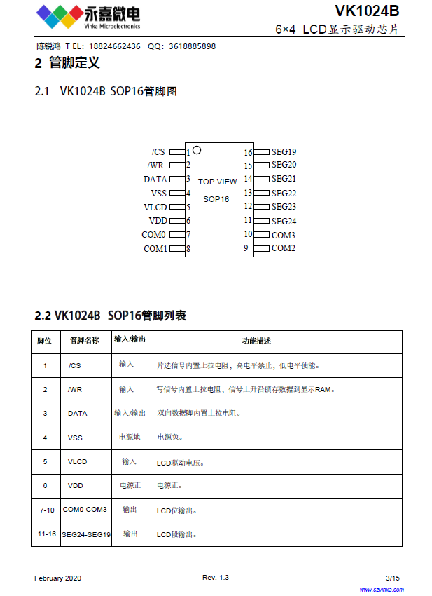 678体育app安卓版LCD驱动液晶显示屏驱动器VK1024B SOP16 64(图1)